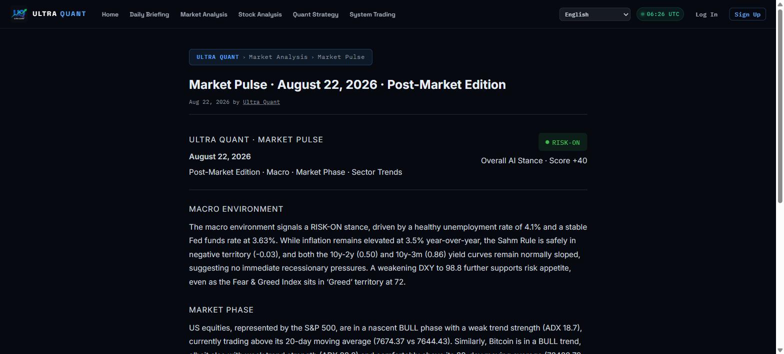 Market Pulse 상단: AI Stance 배지, Macro Environment